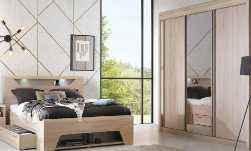 Armoire 2 portes coulissantes bois, 1 miroir central MULTY