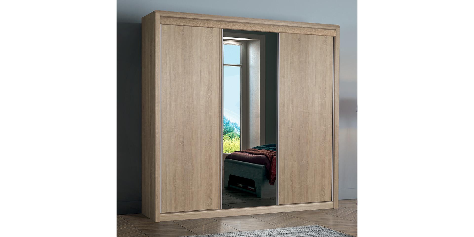 Slider Armoire 2 portes coulissantes bois, 1 miroir central MULTY (image 3)