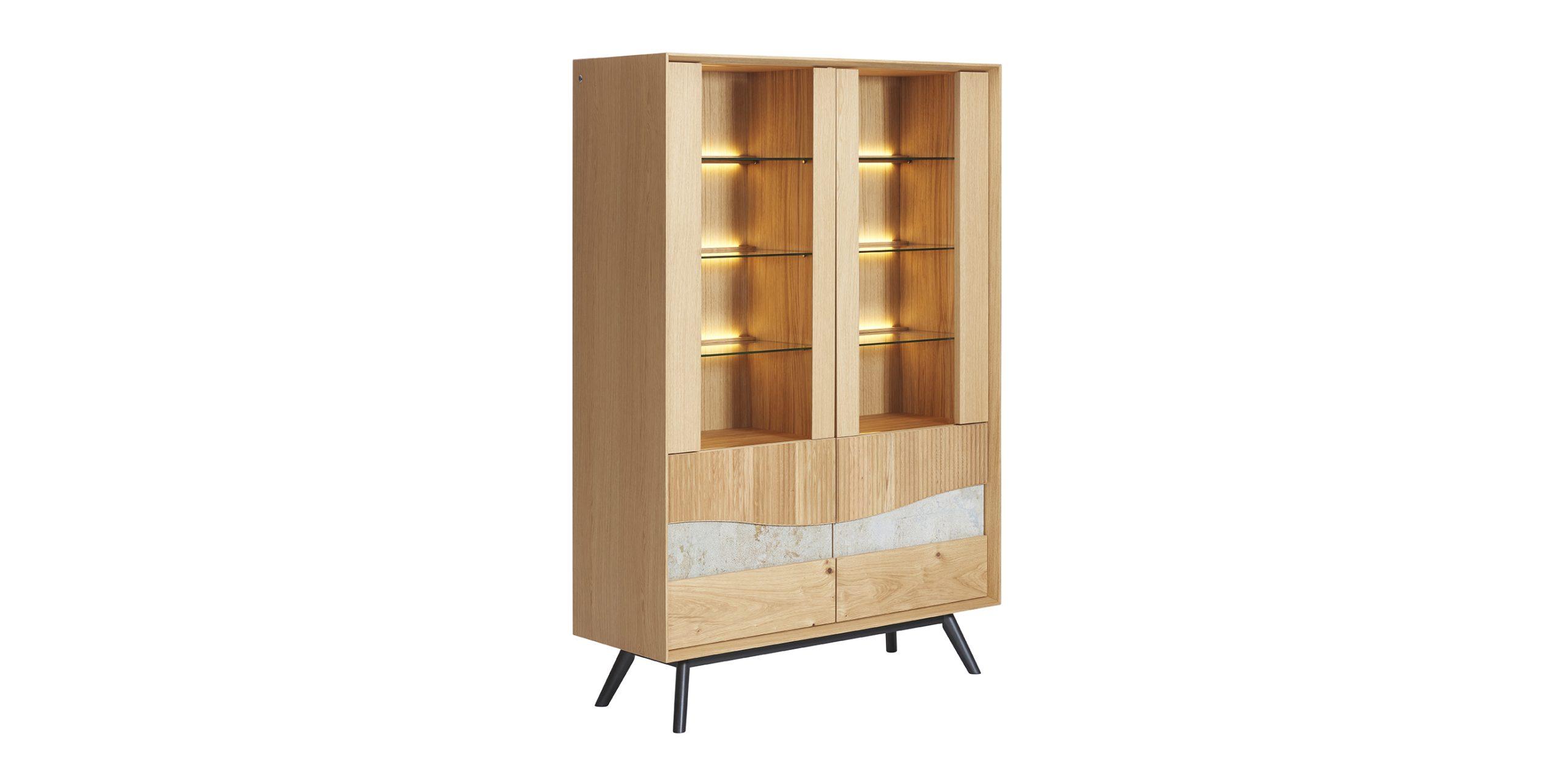 Buffet haut vitrine en verre et bois avec leds inclus Alpha