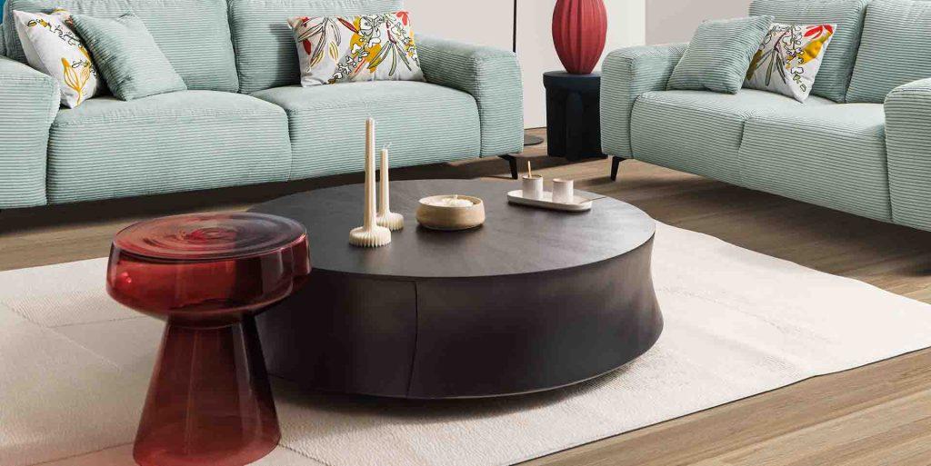 table basse design haut de gamme ronde en verre avec un tiroir Praslin