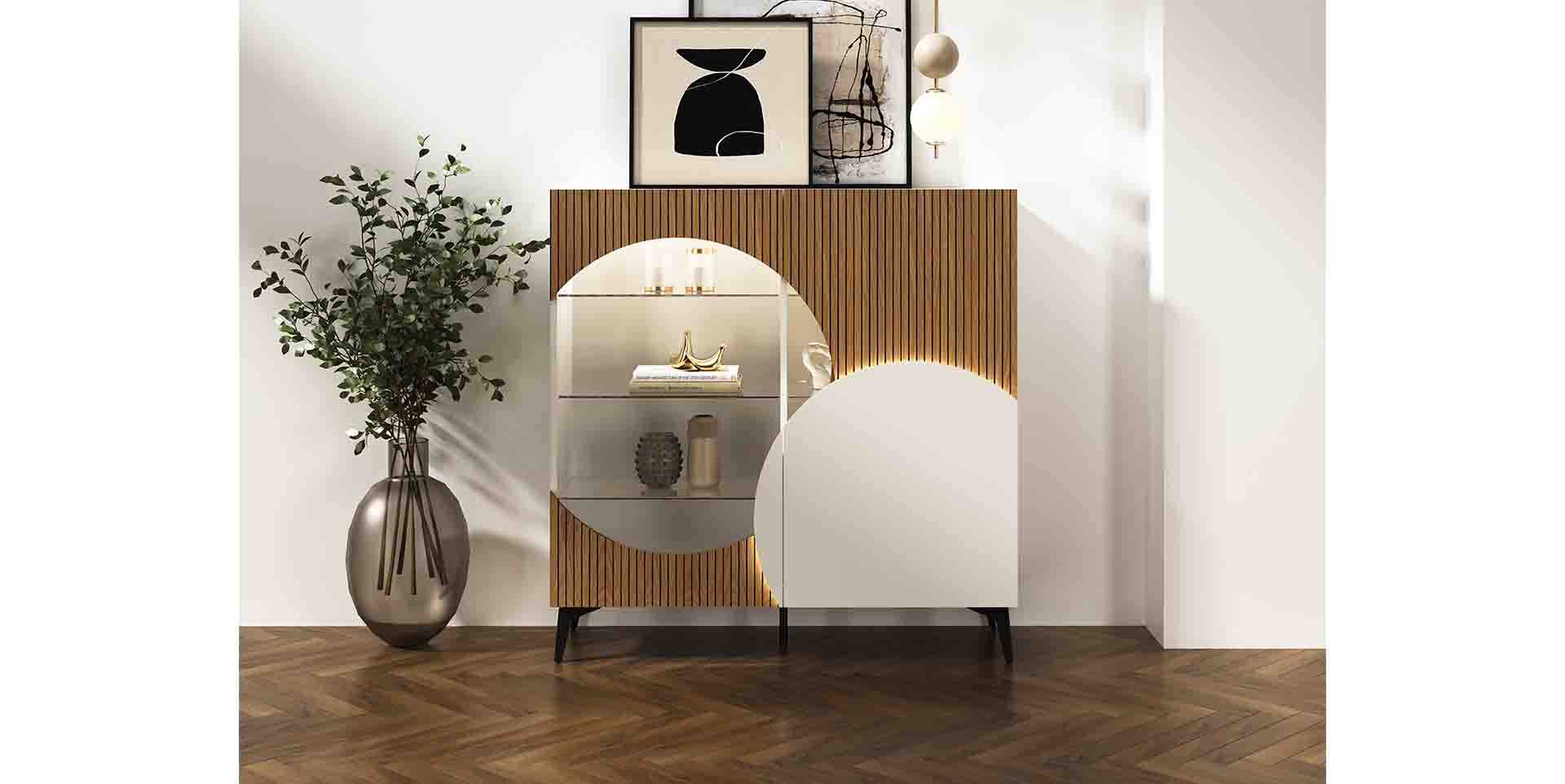 Meuble vitrine design en bois et laque personnalisable ELLIPSE